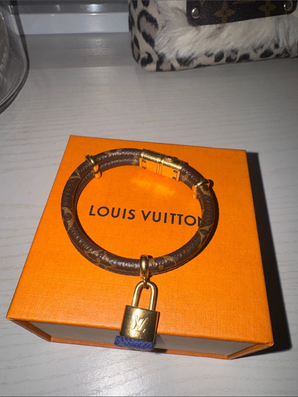Authentic Louis Vuitton Brown and Gold Monogram Padlock Bracelet